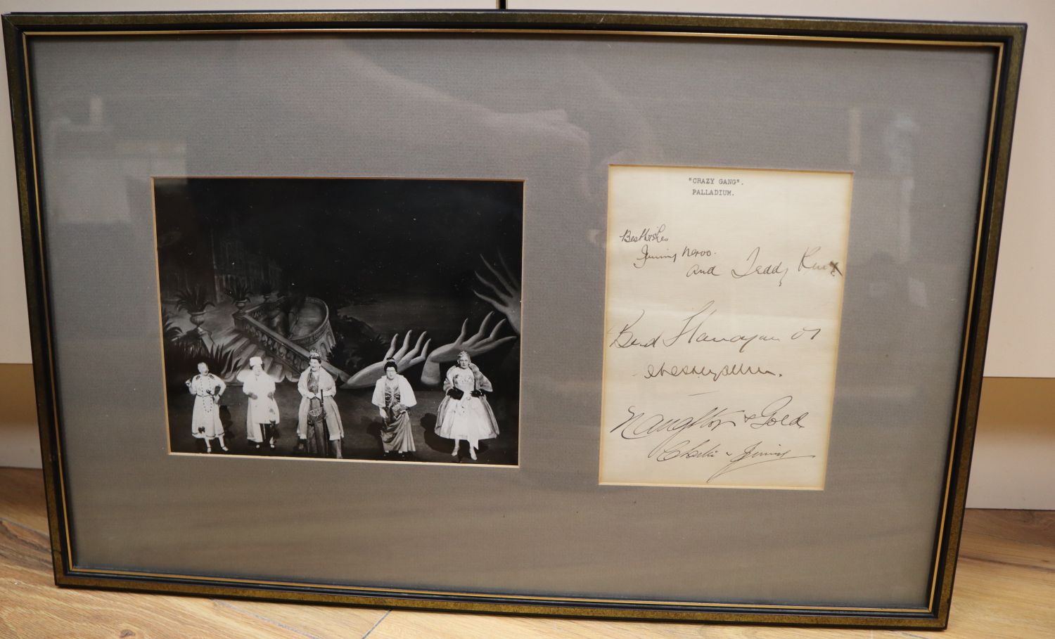 A Crazy Gang photograph, signed by Bud Flanagan, Jimmy Nervo, Teddy Knox, Jimmy Gold and Charles Naughton, framed